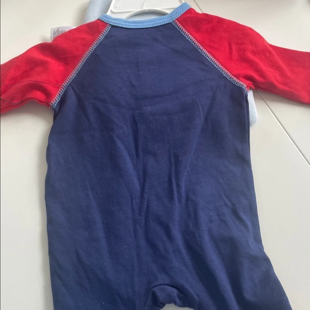 Red and Blue Train-Themed Baby Onesie